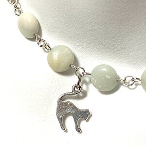 Genuine Pale Green Serpentine Short Necklace, Gemstone & Cute Slim Cat Pendant